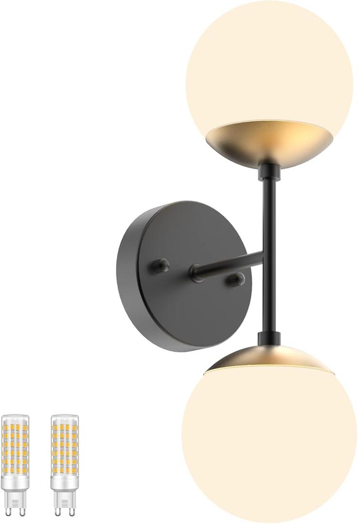 Tipace Black and Gold Wall Light,Mid Century Modern Globe Wall Sconce, Black Wall Sconce 2 Lights for Restaurant Living Room Bedside Stairs Bathroom Mirror(3000K G9 Bulbs Include) (3000K & 2 Lights, Black+Gold)