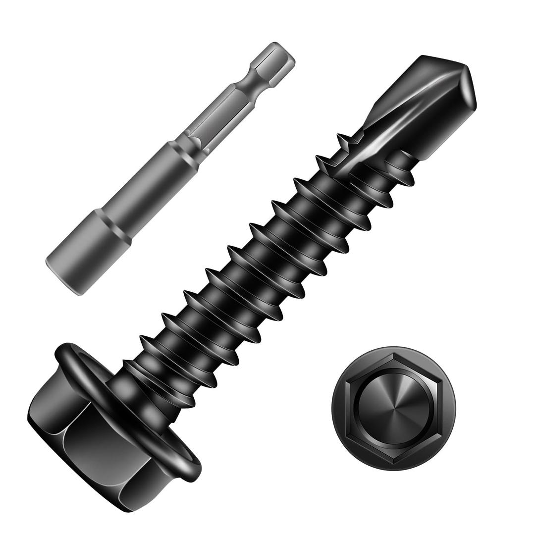 #8 x 1 Inch Self Drilling Screws (184Pcs) Hex Washer Head 410 Stainless Steel Self Tapping Screws for Metal Sheet Metal Screws Black Oxide with Hex Socket Included