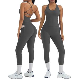 OMKAGI 2 Piece Workout Sets for Women Padded Workout Tops Booty Leggings with Pockets Gym Sets (Gray, M)