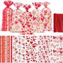 100 Pcs Valentine Treat Bags - Red Heart Cellophane Goodie Bags, Clear Plastic Happy Valentine's Day Cello Candy Gift Bag With Twist Ties for Wedding Anniversary Party Favors Supplies