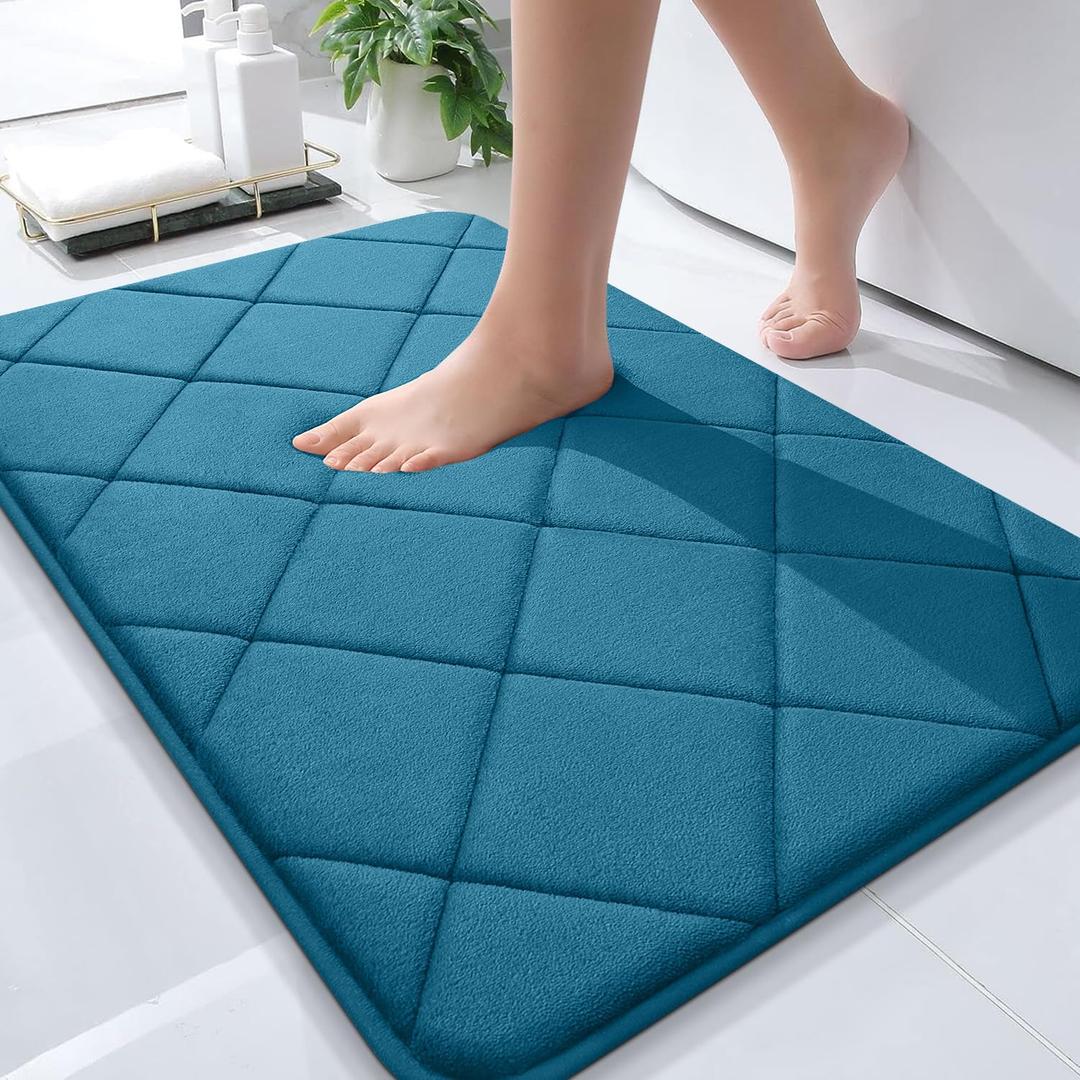 OLANLY Memory Foam Bath Mat 30x20, Ultra Soft and Absorbent Bathroom Rugs, Machine Washable, Comfortable Bath Carpet for Bathroom Floor, Tub and Shower, Peacock Blue