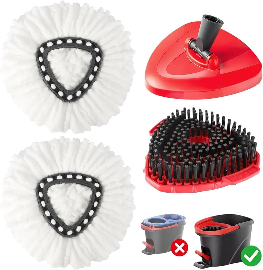 4-in-1 Mop Heads Replacements for O Cedar EasyWring 1 Tank System, Includes 1 Base | 1 Scrub Brush Head | 2 Spin Mop Heads, Full Set Mop Replace Heads for Cleaning Home, Bathroom & Kitchen