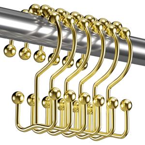 Titanker Gold Shower Curtain Hooks Rings, Rust-Resistant Metal Double Glide Shower Hooks Rings for Bathroom Shower Curtains Rods, Set of 12 Hooks - Light Gold