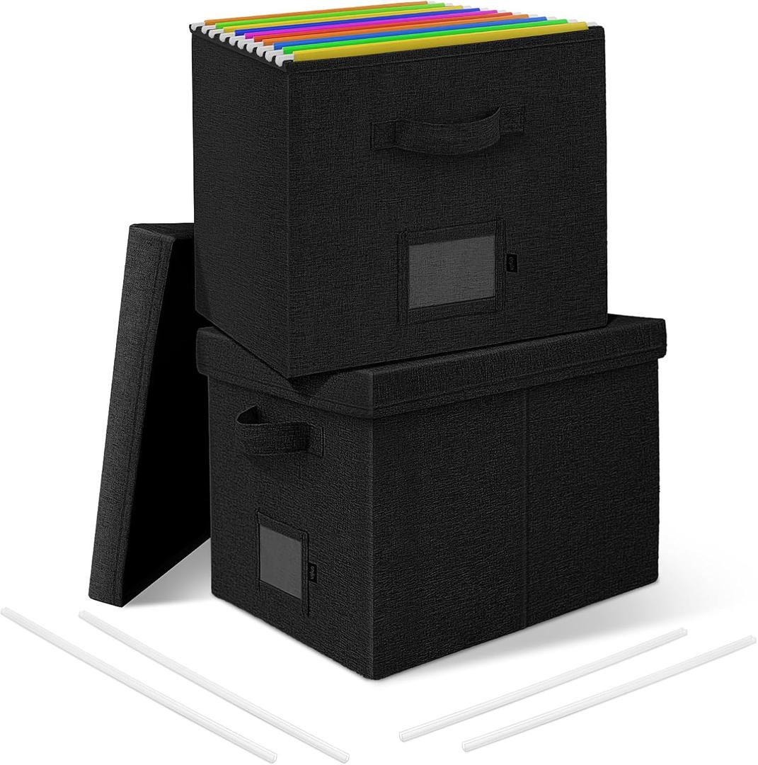 File Organizer Boxes with Lid, Linen Hanging File Storage Boxes with Handle, Collapsible Document Filling Boxes for Letter/Legal Folder, Portable File Box for Office/Decor/Home (2 Pack, Black)