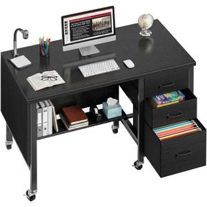 Rolling Teacher Desk with File Drawer & Privacy Panel, 47" Mobile Computer Desk with 3 Storage Drawers on Wheels, Modern Office Desks with File Cabinet for Classroom & Home Office, Black, 46.6"
