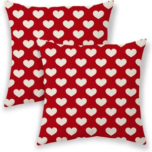 Valentines Pillow Covers 20x20 Inch 2 Pcs, Red Love Heart Decorative Throw Pillows for Couch, Valentine's Day Anniversary Outdoor Decor Pillowcase Linen Cushion Cover for Bed Sofa