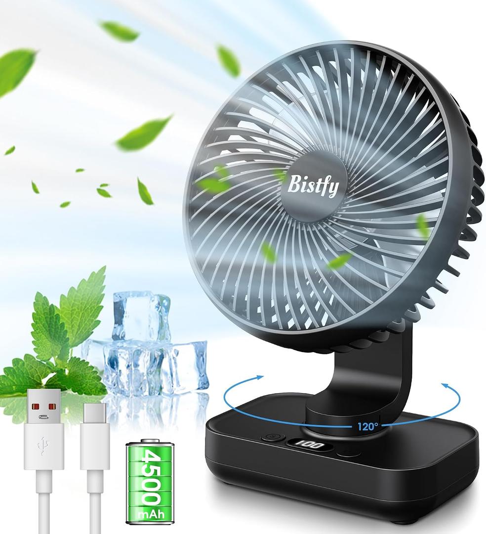 Desk Fan 5.5'' Small Fan Ultra-Silent, 120 Oscillating, 90 Adjustable Head Tilt, with Digital Display 4 Speed Portable USB Rechargeable Table Fan Ideal for Home, Bedroom, Office (Black)