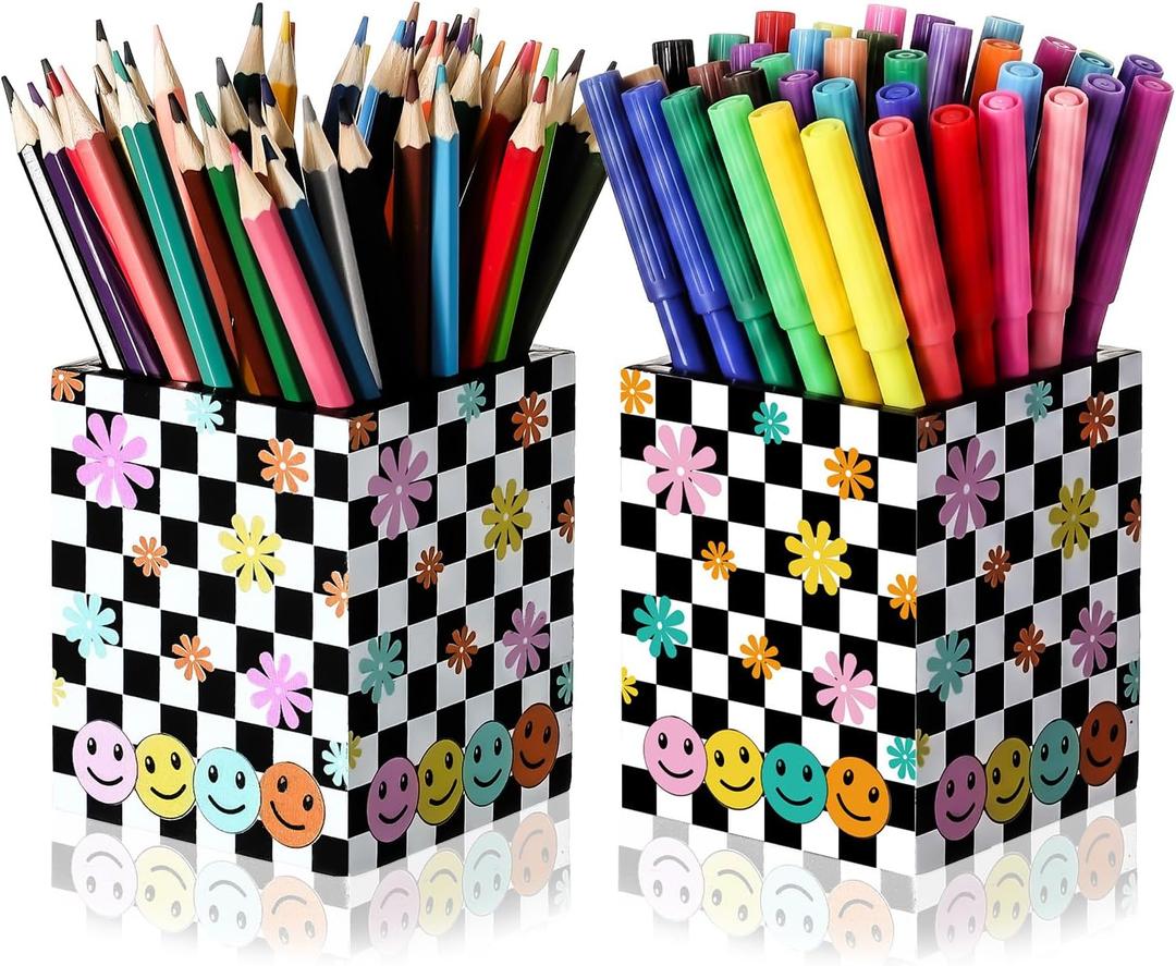 Gueevin 2 Pcs Smile Face Pen Holder for Desk Double-sided Wooden Bow Pencil Holder Cup Desk Organizer for Back to School Storage Teacher Gift Classroom Decoration, No Assembly Required