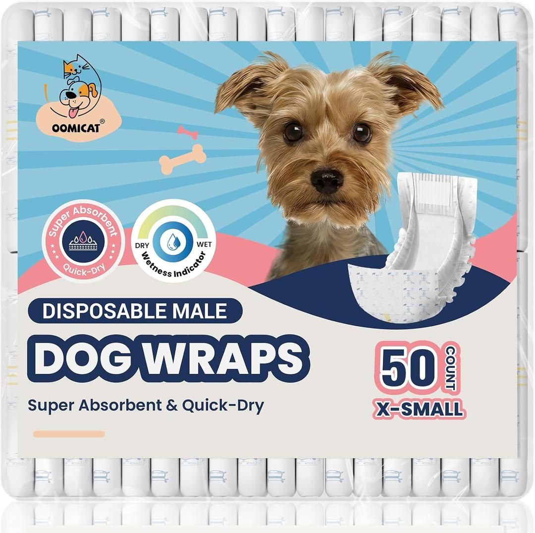 Dog Diapers Male, X-Small 50 Ct, Super Absorbent Male Dog Wraps with Wetness Indicator, Soft Pearl Weave Non-Woven Fabric, Breathable Belly Bands for Male Dogs, Fit for Chihuahua, Yorkshire