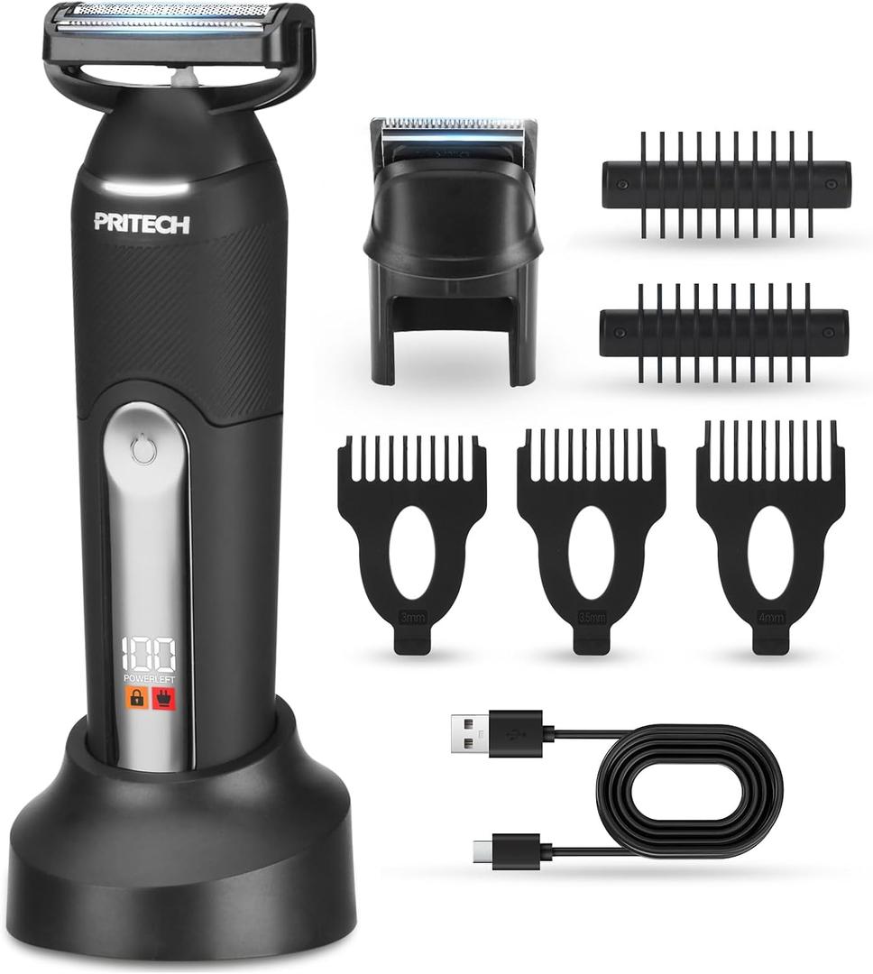 PRITECH Electric Body Hair Trimmer - Waterproof Mens Groin Hair Trimmer Ball Shaver USB Recharge Dock Body Grooming Kit with Ceramic Blade Male Hygiene Razor (Dark Black)