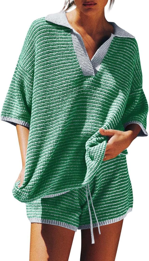 Tankaneo Womens Sweater Set 2 Piece Outfits Oversized 3/4 Sleeve V Neck Knit Tops High Waisted Shorts Lounge Sets (XX-Large, Green)