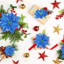 36 Pieces Christmas Glitter Poinsettia Flowers Faux Flowers Wedding Glitter Christmas Tree New Year Ornaments (Blue)
