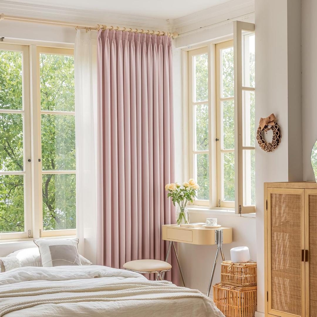 Pink Blackout Pinch Pleat Curtain 108 Inches Long for Girls Bedroom Decor, Room Darkening Thermal Insulated Pleated Drapes with Hooks for Living Room, 52W x 108L, 1 Panel