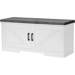 2-Tier Storage Bench, Shoe Bench with Padded Seat Cushion, Entryway Bench with 2 Barn Doors, Adjustable Shelf, 13.8" D x 39.4" W x 17.7" H, for Entryway, Living Room, Bedroom, White