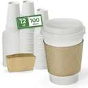 Disposable Coffee Cups with Lids 12 oz and Sleeves,100 Pack Paper Cups To Go Hot Cups with Lids & Kraft Sleeves, BPA Free Leak Proof Disposable Cups for Everyday Use Cafe Office Coffee Bar Essentials