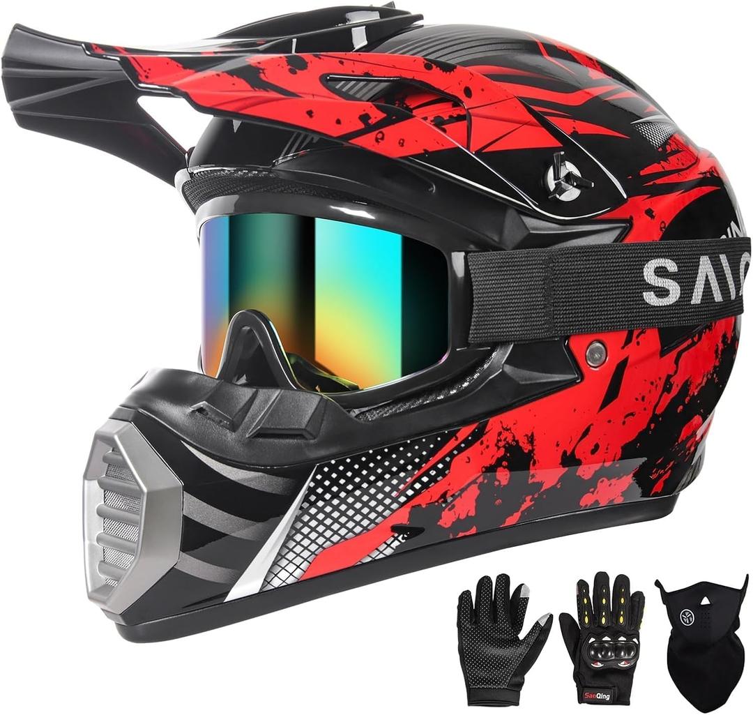 Youth Kids Motocross Helmet, Adult ATV Dirt Bike Helmet, Off-Road BMX 4-Wheeler Full Face Motorcycle Helmet W/Goggles Gloves & Mask, DOT Approved, Red Camo, M