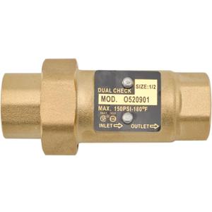 HYDRO MASTER Brass Dual Check Valve, 1/2" FNPT, Solid Brass, Max 150PSI-180F