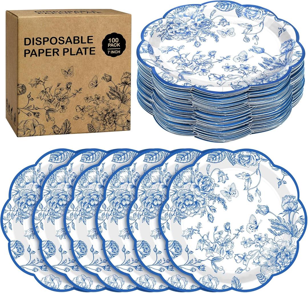 100 Pieces Blue Flower Paper Plates 7 Inches Disposable Floral Paper Plates Scalloped Blue Chinoiserie Vintage Flower Dessert Plate for Wedding Birthday Holiday Party Decor Supplies