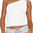 BAIGRAM Women Sleeveless Y2K Beaded Buckle One Shoulder Crop Tank Tops Asymmetric Ruched Slim Fit Summer Boho Going Out Tops White (White, S)