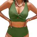 Herseas Women's Textured Bikini Sets Twist Front Top Swimsuits High Waisted Bathing Suits (Army Green) XL
