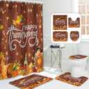MEHOFOND 4pcs Happy Thanksgiving Turkey Shower Curtain Set,Rustic Wood Pumpkin Fall Autumn Harvest Shower Curtain Sets,Fall Bathroom Bathtub Decor with Non-Slip Rugs Toilet Lid Cover and Bath Mat (Orange1)