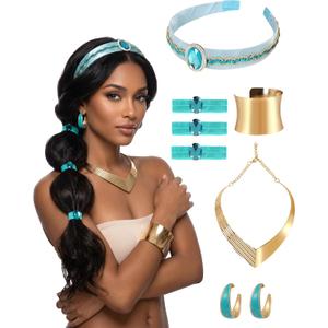 5 Piece Arabian Princess Accessory Set for Women, Exotic Gold and Teal Jewelry Kit for Halloween Cosplay