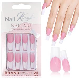 White French Tip Press on Nails Long Square Glitter Fake Nails Square, Glossy Acrylic Nails Press on 24pcs False Nails Pink Stick on Nails for Women