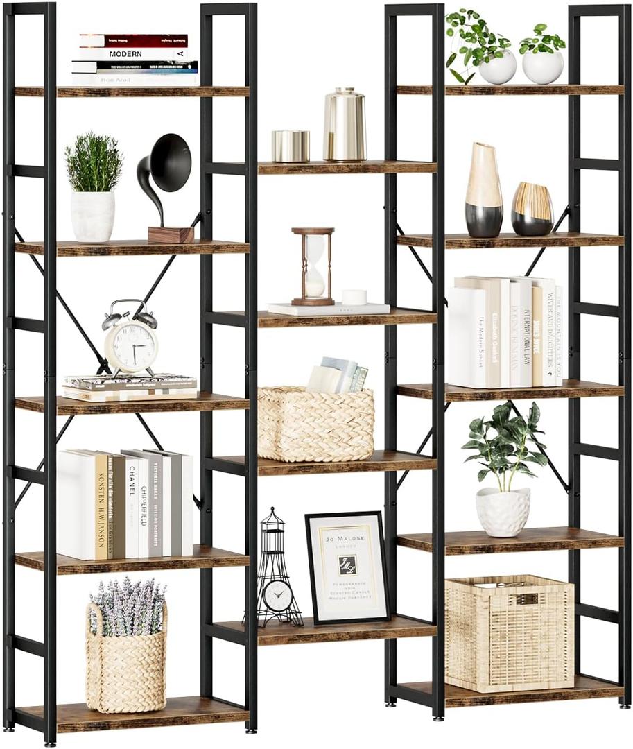 NUMENN Triple Column 5 Tier Bookshelf, Bookcase with 14 Open Display Shelves, Adjustable Rustic Industrial Style Book Shelves, Modern Bookshelves for Bedroom, Living Room and Home Office, Vintage