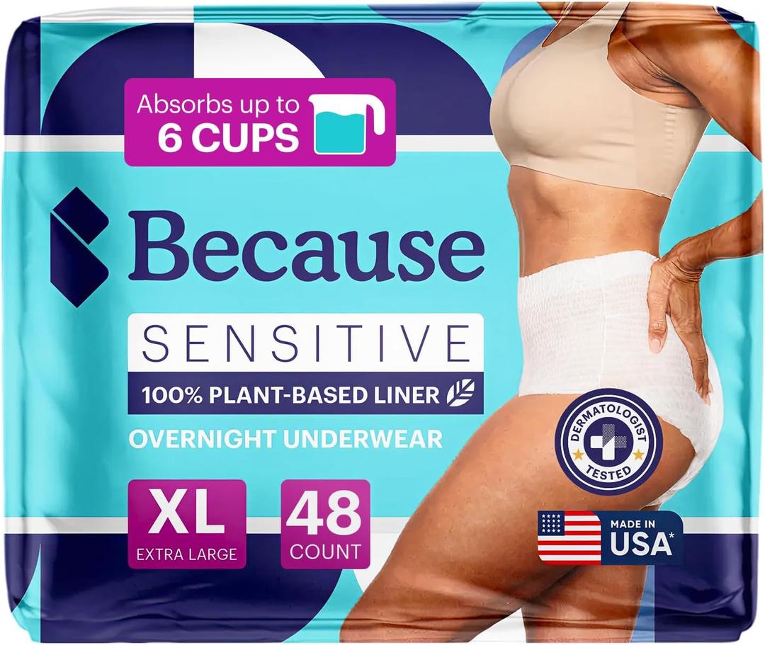 Because Adult Incontinence Underwear for Sensitive Skin - Women - Premium Overnight Disposable Briefs, Anti Odor - White, X-Large - Absorbs 6 Cups - 48 Count (4 Packs of 12)