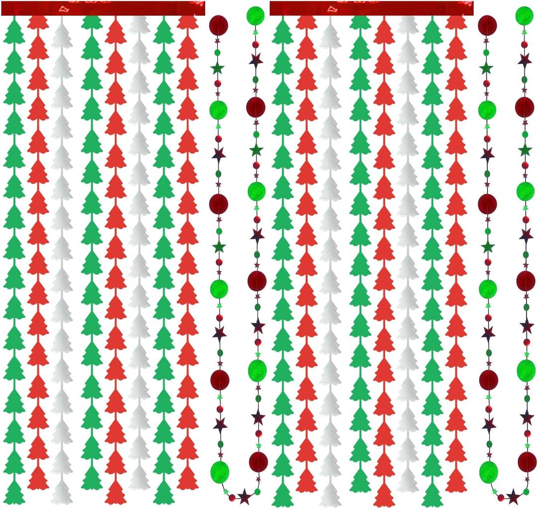 2 Pack Christmas Party Streamers Tinsel Curtain Backdrop Christmas Foil Fringe Curtain with 2 Pack Garlands for Party Photo Booth Backdrop Birthday Decorations (Silver Green Red)
