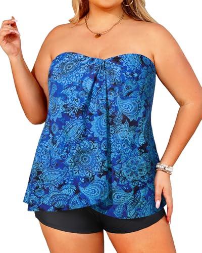 Daci Plus Size Bandeau Tankini Swimsuit for Women Two Piece Halter Swim Top with Shorts Flyaway Tummy Control Bathing Suits Blue Paisley 20 Plus, Size 20W