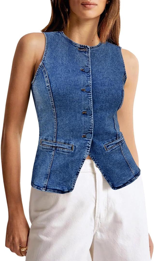 Tankaneo Womens Button Down Denim Vest Tops Sleeveless Fitted Jean Tank Tops Summer Trendy Casual Waistcoat (Medium, Navy)