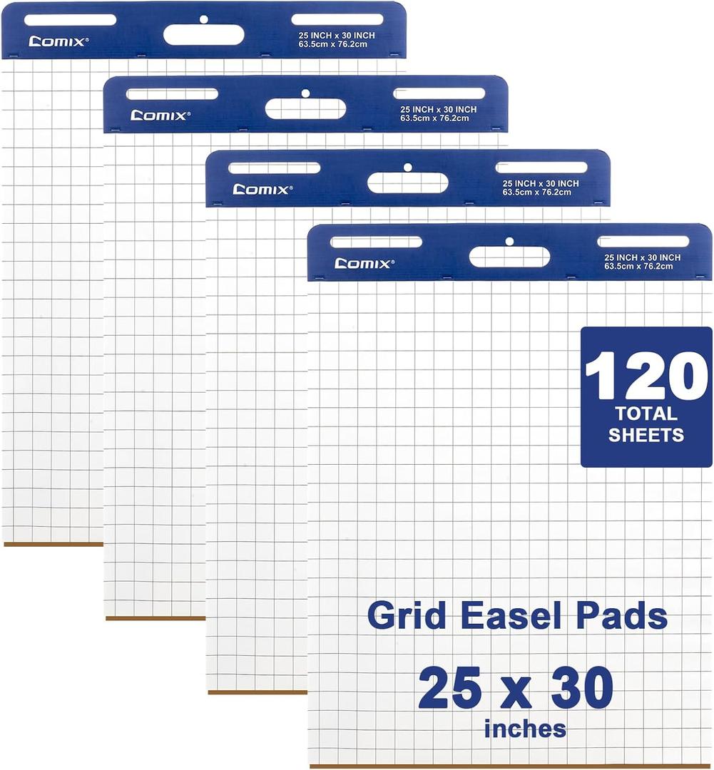 Comix Grid Sticky Easel Pad, 25 x 30 Inches Flip Chart for Teachers, Large Self Sticky Notes for Office School, 30 Sheets/Pad, 4 Pads/Pack