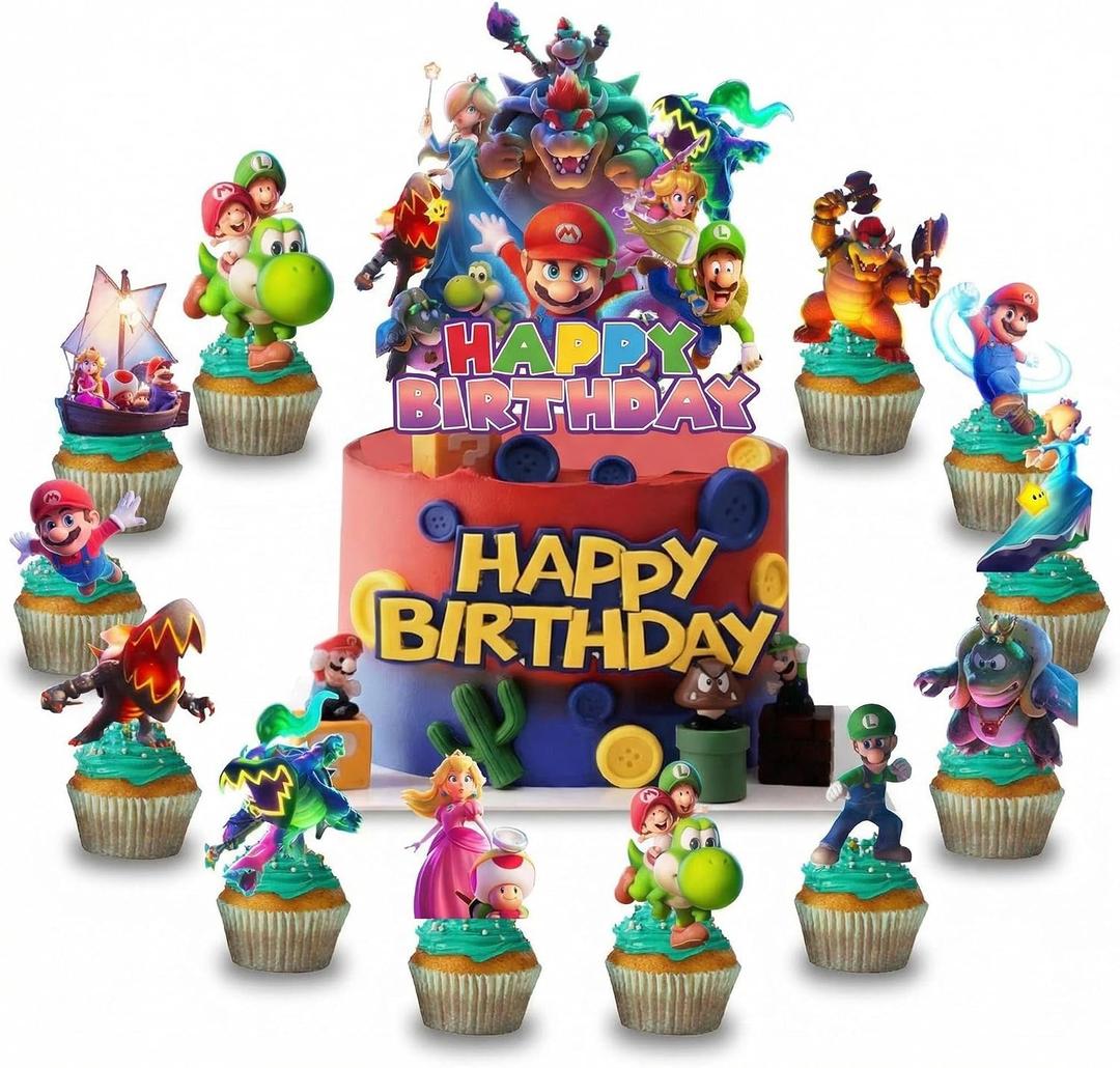 5 x 13Pcs Cute Mario Happy Birthday Cake Toppers Set with 12Pcs Cupcake Toppers, 1Pcs Happy Birthday Cake Topper, Cartoon Themed Birthday Party Supplies for Girls and Boys