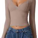 QINSEN Women's Long Sleeve V Neck T Shirts Double Lined Crop Top Seamed Cup Going Out Tops (Medium)