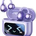 Clip On Earbuds, Open Ear Earbuds Wireless Bluetooth 5.4, Clip On Headphones with LCD Touchscreen, Lightweight Comfort Open Ear Headphones for Sports, Fitness, and Workouts, M100 Purple