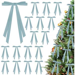 3 x 24 Pcs Christmas Bows for Tree, Light Blue Velvet Ribbon Bow for Christmas Tree, Pre-Tied Vintage Xmas Bows for Xmas Trees Wreaths Gifts Wedding Indoor Outdoor Decorations, 5 x 7 Inch