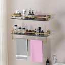 Bathroom Glass Shelf with Towel Bar/Rack 24 inches Wall-Mounted Shelves Tempered Glass Sink Toilet Organizer Shower Towel Decorative Storage (Polished Gold Finish), 24-inch with Railing