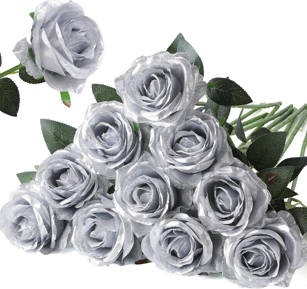 Nubry Artificial Silk Rose Flower Bouquet Lifelike Fake Rose for Wedding Home Party Decoration Event Gift 10pcs (Silver)