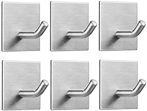 FOMANSH Heavy Duty Adhesive Hooks, Stick on Wall Adhesive Hangers, Strong Stainless Steel Holder, Self Adhesive Hooks for Kitchen Bathroom Home Door Towel Coat Key Robe,6 Packs, Silver