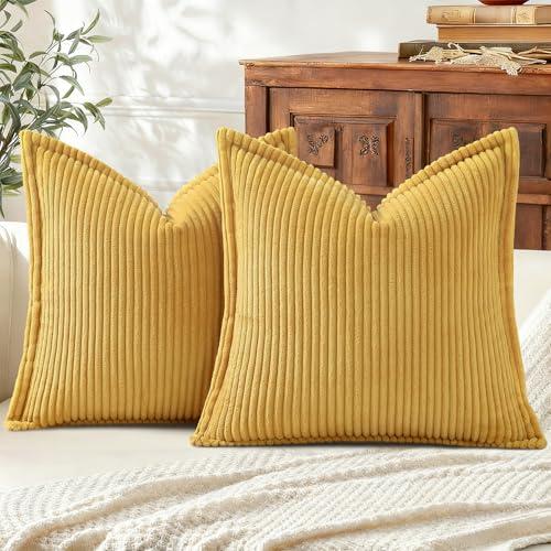 Mecatny Corduroy Throw Pillow Covers 18x18 Set of 2, Neutral Decorative Soft Boho Couch Pillow Covers with Broadside for Sofa Living Room, Mustard Yellow
