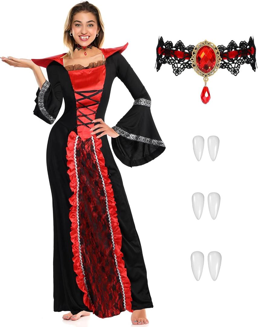Xtinmee 5 Pcs Women Royal Vampire Costume Halloween Costume Adult Dress Victorian Vampire Teeth Fangs Necklace Role Playing (Small)