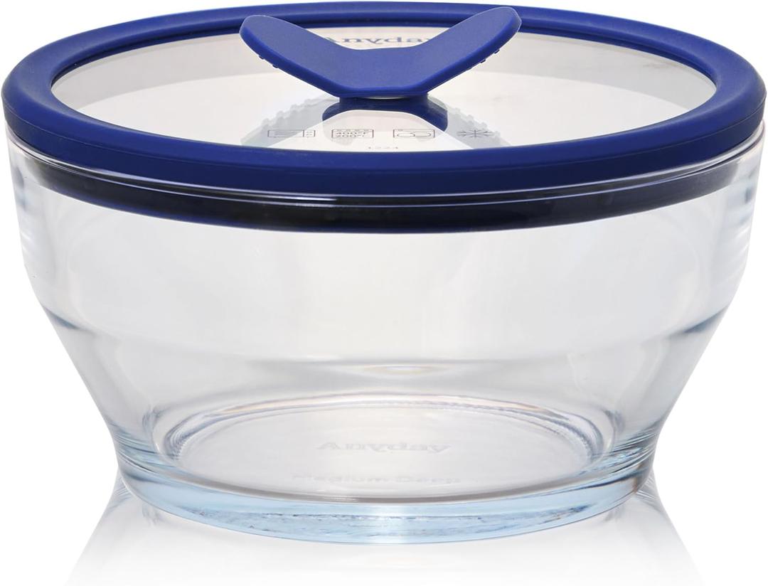 Anyday 4-Cup Glass Food Storage with Glass Lid, Round Deep Dish | Plastic-Free Meal Prep & Microwave Cookware | Stackable Airtight Storage Container with Vented Lid for Microwave-Safe Reheating
