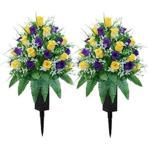 Artificial Cemetery Flowers, Gravesite Decoration Roses, Memorial Bouquets with Cemetery Vase, Vibrant and Long-Lasting Colors （ Yellow+Purple, 2 Bundles)