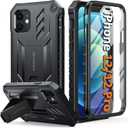 FNTCASE for iPhone 12 Phone Case: for iPhone 12 Pro Phone Case Military Grade Drop Proof Rugged Protective Cover with Kickstand | Matte Textured Shockproof TPU Hybrid Bumper Cases 6.1 inch - Black