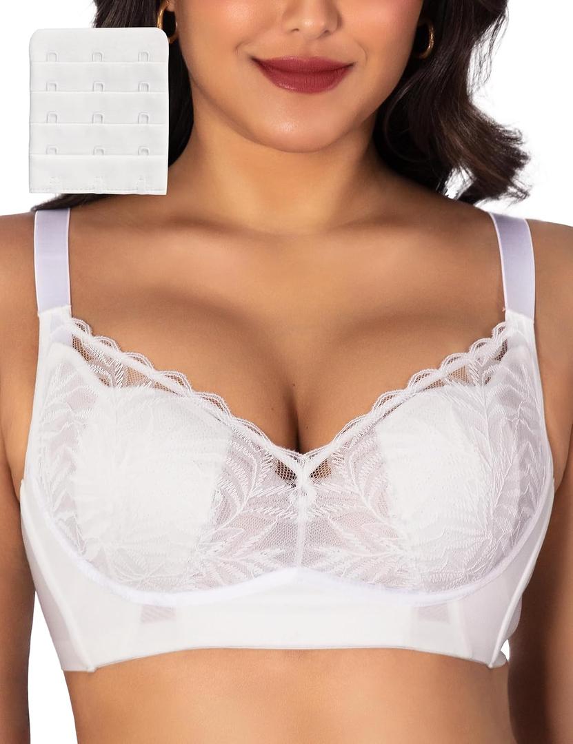 Wireless Minimizer Bras for Women Plus Size Lace Bralettes | No Underwire, Lightly Padded, Petal Pad, V Neck, Comfort Everyday Wear, Wirefree Supportive Bras for Large Bust, Size 36C-46G (White)