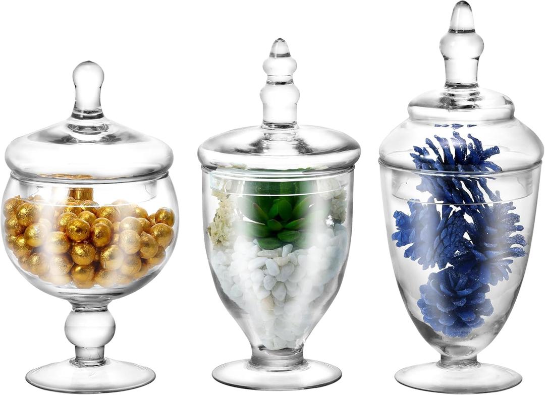 Apothecary Jars Glass Decorative Candy Jars, Buffet Display, Elegant Storage Jar, Decorative Wedding Candy Organizer Canisters 3 Pack