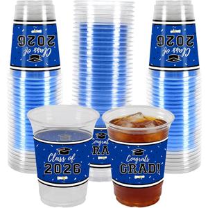 Labrostar 50Pcs Graduation Decorations 2026 Disposable Graduation Cups Congrats Grad Class of 2026 Decorations Graduation Party Supplies 16oz Blue