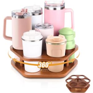 Water Bottle Organizer for Stanley 40 oz Tumbler, 7 Slots Rotatable Stanley Cup Organizer for Kitchen Cabinets, Wood Tumbler Organizer Holder for Stanley Cup Accessories Brown