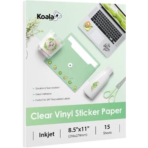 Koala 95% Clear Sticker Paper for Inkjet Printer - Waterproof Printable Vinyl Sticker Paper - 8.5x11 Inch, 15 Sheets, Transparent Glossy - Easy to Use for DIY Personalized Decals